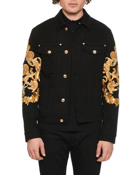 versace men's jacket black with gold|Versace black denim jacket.